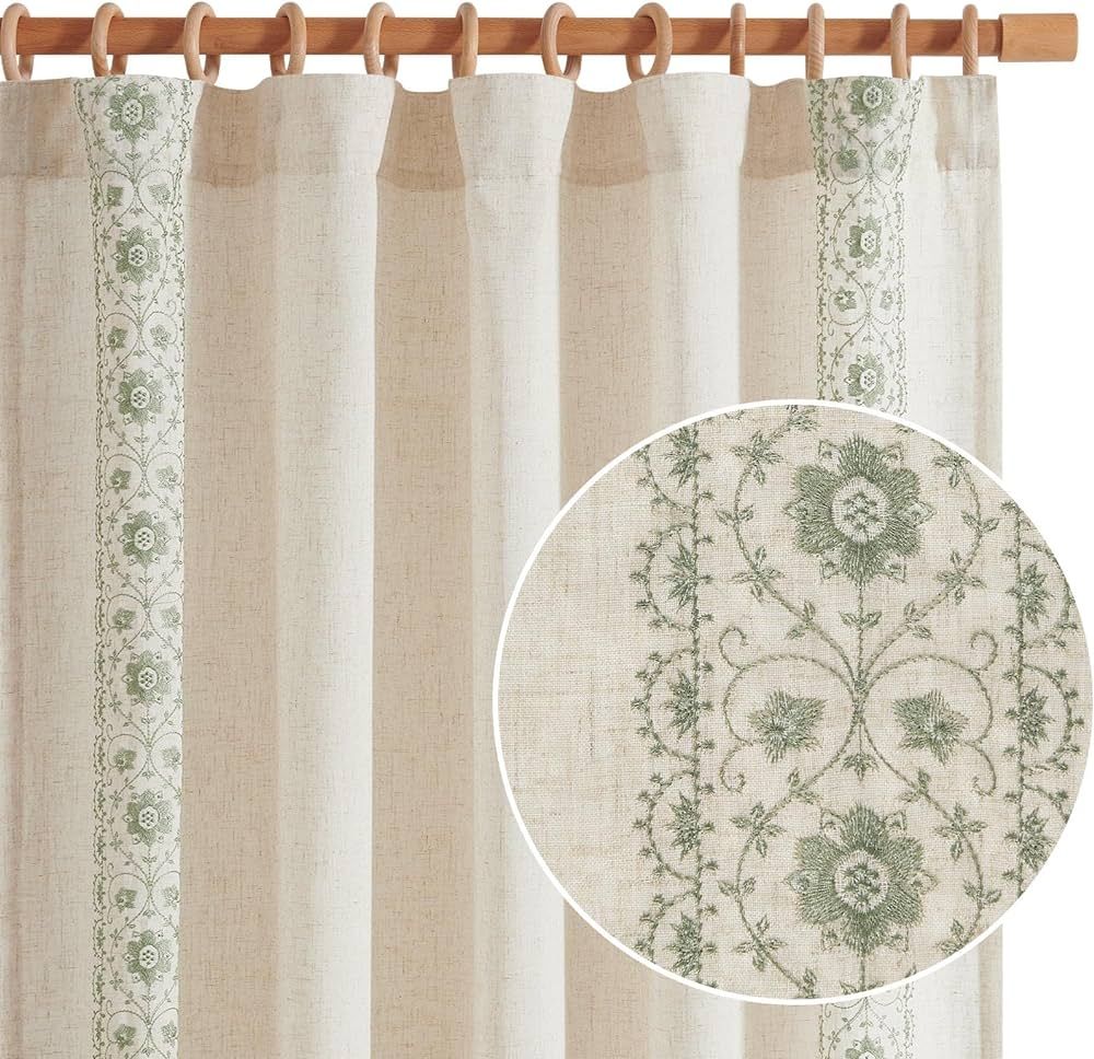 jinchan Linen Curtains for Bedroom Sage Green Vintage Floral Farmhouse Curtains 96 Inches Long Bo... | Amazon (US)
