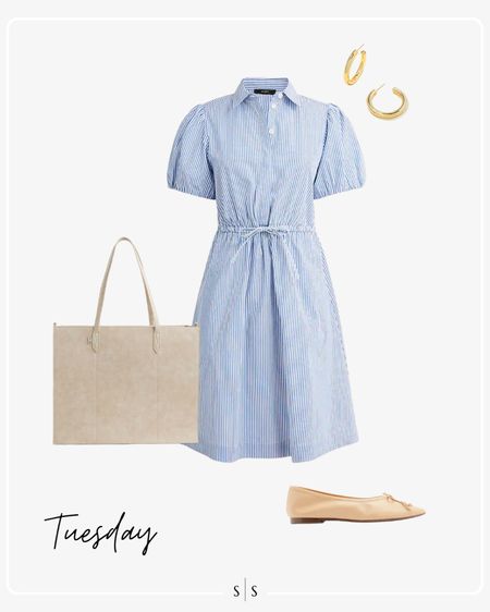 Style Guide of the Week | Teacher  Edition: mix of transitional Summer to Fall casual pieces for the week! 

Striped collared mini dress, ballet flat, leather tote, gold hoop earrings 

Timeless style, Teacher outfit ideas, Teacher style, Back to School outfit, warm weather style, Fall outfit, Summer outfits, closet basics, casual style, chic style, everyday outfit. See all details on thesarahstories.com ✨ 

#LTKFind #LTKstyletip #LTKBacktoSchool