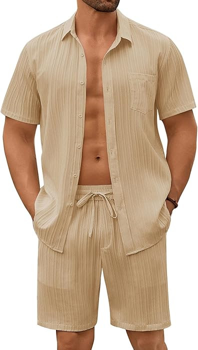 COOFANDY Men's Summer Beach Outfits 2 Piece Short Sets Shirts and Shorts Vacation Texture Linen S... | Amazon (US)