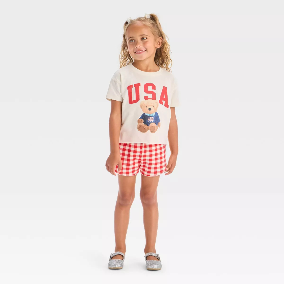 Toddler Girls' 2pc Americana USA Teddy Bear Short Sleeve T-Shirt and Gingham Shorts Set - Red | Target