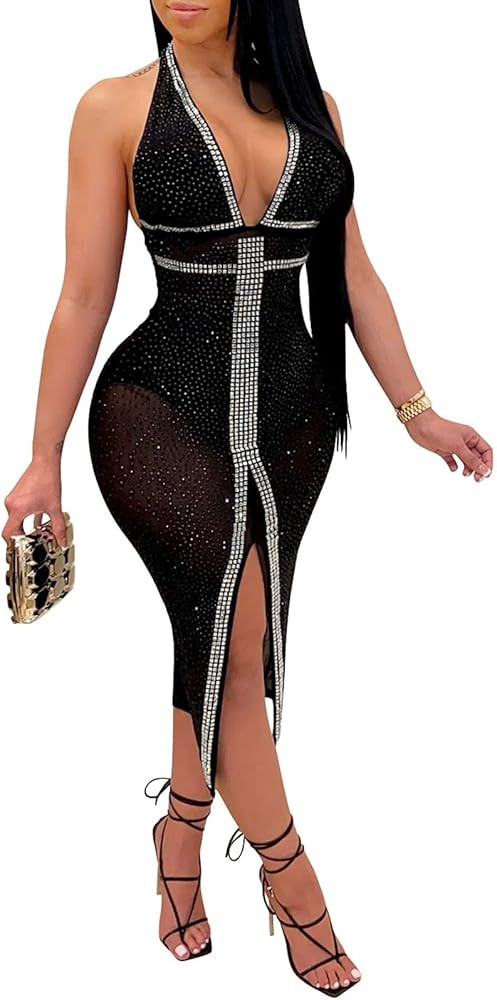 chicyes Women's Bodycon Rhinestone Sparkly Club Night Birthday Party Dresses | Amazon (US)