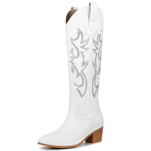 STALOV White Cowboy Boots for Women Glitter Sparkly Rhinestone Cowgirl Boots Low Heel Pull On Knee High Western Boots | Amazon (US)