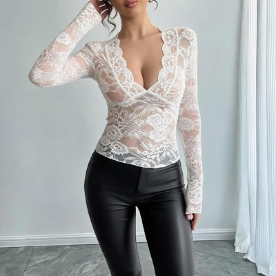 Women's Sheer Lace Long Sleeve Top, Deep V-Neck Flare Cuff Crop Top with Scalloped Edges,White,Small | Target