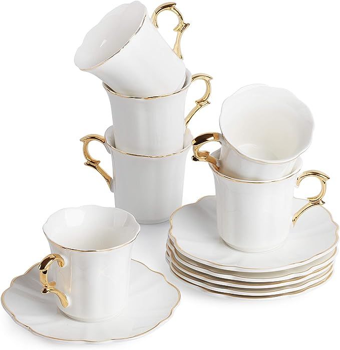 BTaT- Small Espresso Cups and Saucers, Set of 6 Demitasse Cups (2.4 oz) with Gold Trim and Gift B... | Amazon (US)