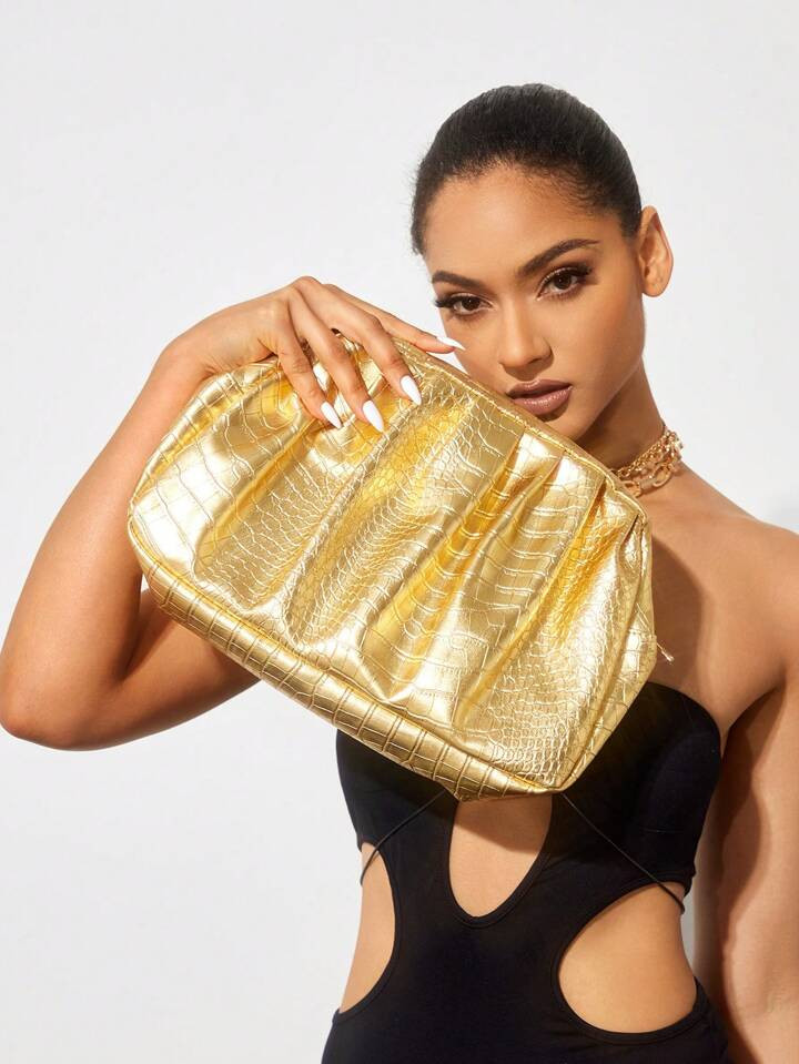 SHEIN SXY Fashionable Women's Simple Gold Crocodile Patterned Pu Clutch Bag | SHEIN