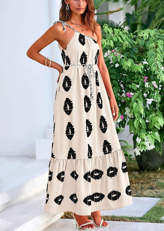 PRETTYGARDEN Women's 2026 Summer One Shoulder Maxi Dress Printed Flowy Boho Long Sundresses Sprin... | Amazon (US)