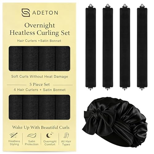 Heatless Curls Overnight, Velvet Heatless Hair Curler Set with Hook Closure – 4 Soft Hair Rollers Blowout Rods + Satin Hair Bonnet for Sleeping, Flexi Rods for Long Hair Women (C - BLACK) | Amazon (US)