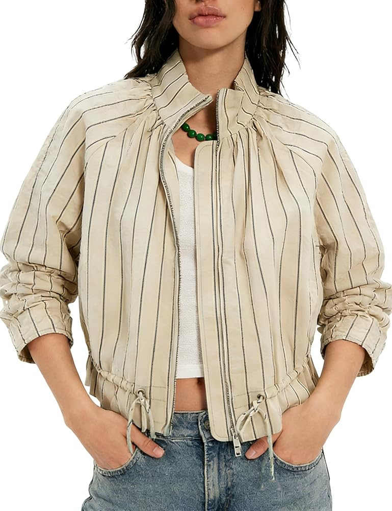 Women Striped Bomber Crop Jacket Balloon Sleeve Drawstring Waist Casual Zip Up Coat Trendy Outerw... | Amazon (US)