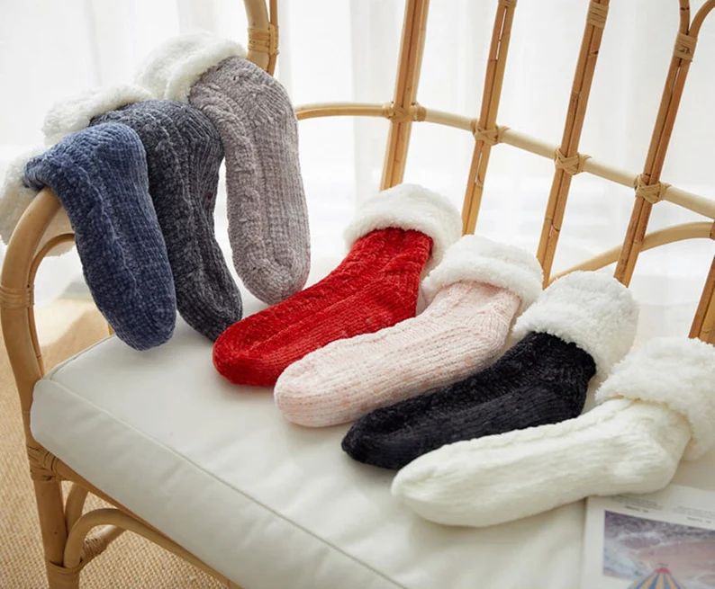 Knitted Sherpa Winter Socks Christmas Socks Silicone Grip - Etsy | Etsy (US)