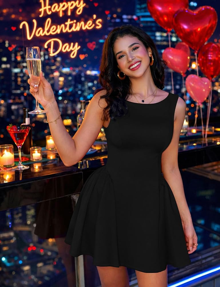 YMDUCH Women's Summer Sleeveless Crew Neck Backless A-line Mini Party Prom Dress | Amazon (US)