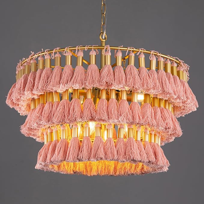 TOCHIC 8-Light Pink Fringe Chandelier, Boho Handmade Tassel Chandeliers Ceiling Light Round Coast... | Amazon (US)