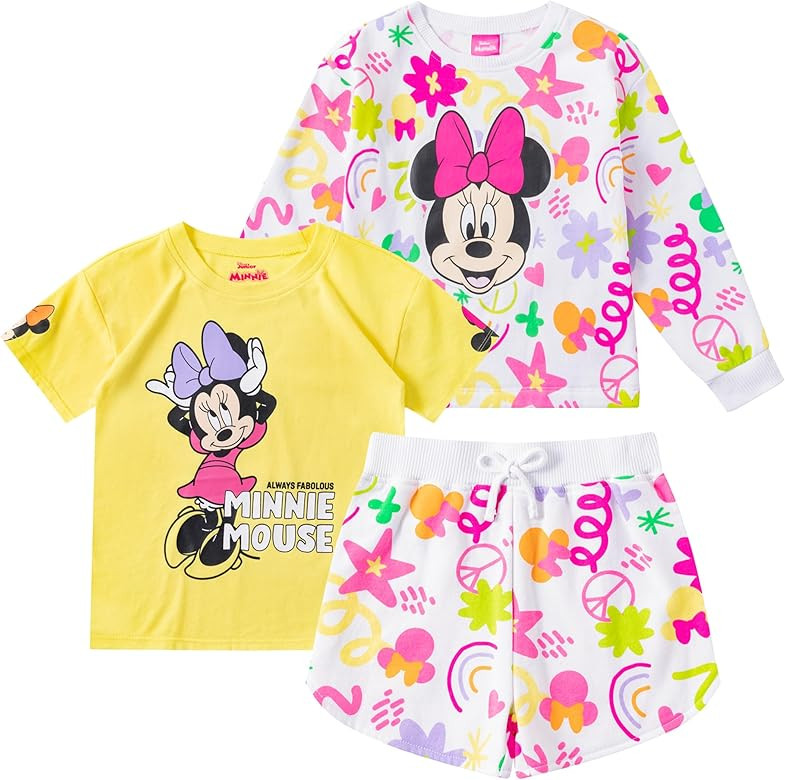 Disney Minnie Mouse Girls 3 Piece Sweatshirt, T-Shirt, and Shorts Set for Toddler and Big Kids | Amazon (US)