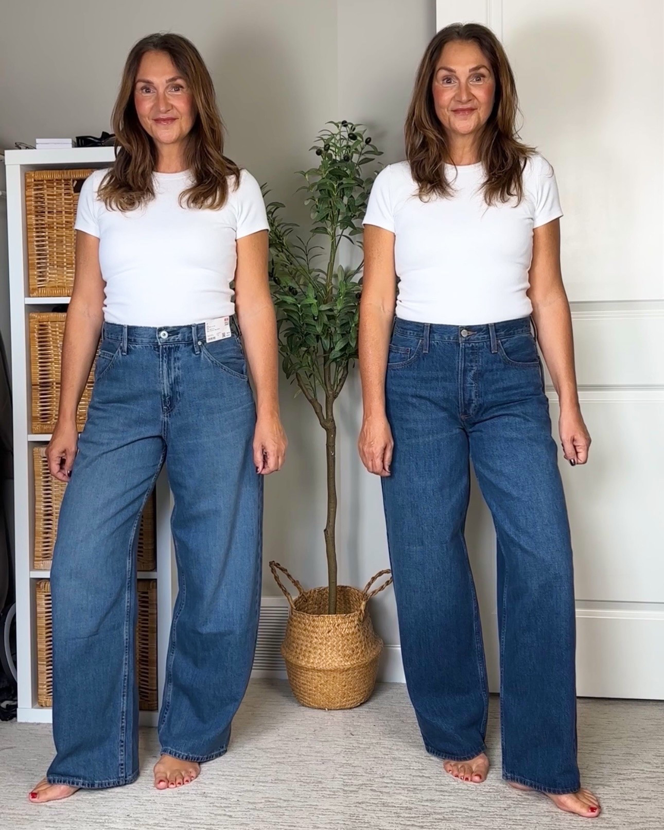 Save or splurge barrel leg jeans! Uniqlo on the left and Aritzia on the right. They are the same style (rise, inseam and width) but the Aritzia pair are 100% cotton while the Uniqlo pair are 24% lyocell and 76% cotton which makes them softer and slouchier.
The Aritzia pair fit big, go down at least one size.