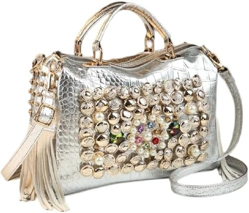 Fashion Rhinestone Bag for Women Leather Top-Handle Satchel Handabgs Large Capacity Tassel Tote B... | Amazon (US)