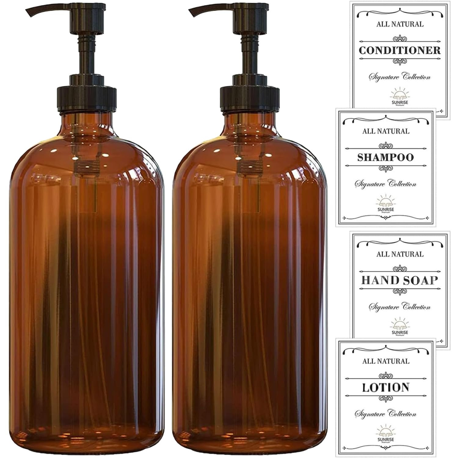 16 OZ Thick Amber Glass Soap Dispenser with Plastic Pump 2 Pack, Hand and Dish Soap Dispenser Set... | Amazon (US)