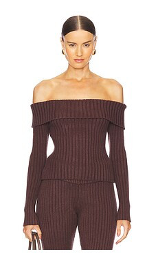 GUIZIO Thalia Rib Off The Shoulder Sweater in Chocolate from Revolve.com | Revolve Clothing (Global)