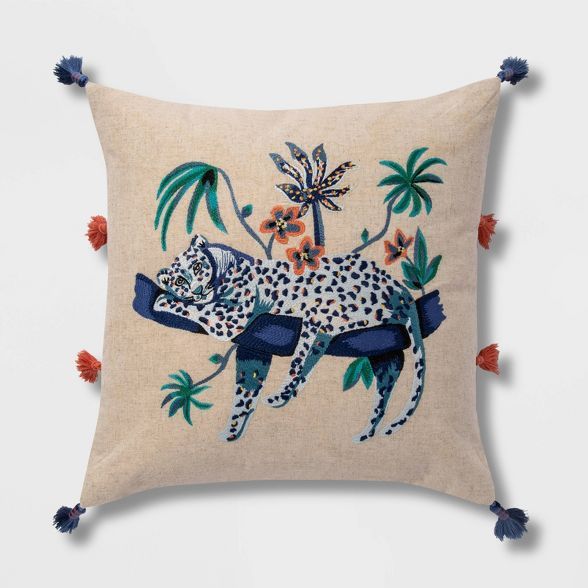 Embroidered Leopard Faux Linen Square Throw Pillow with Tassels Blue - Opalhouse™ | Target