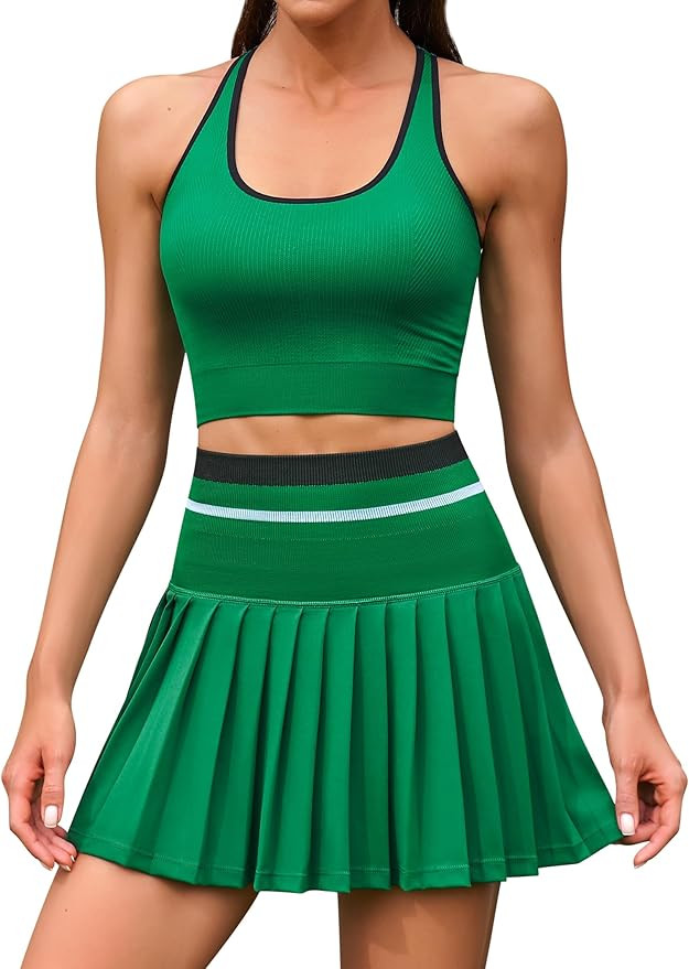 ATTRACO 2 Piece Tennis Dresses for Women High Waisted Pleated Skirt Sets Seamless Colorblock Golf... | Amazon (US)