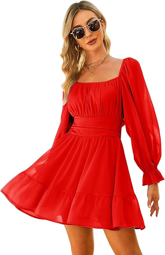 EXLURA Women Tie Back Long Lantern Sleeve Square Neck Ruffle Dress Elastic Waist Aline Casual Min... | Amazon (US)