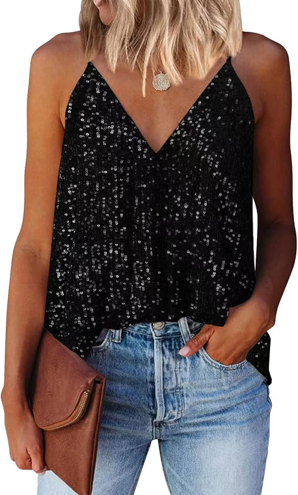 miduo Womens Tank Tops Casual Fashion V Neck Strappy Sequin Sparkle Shimmer Camisole Sleeveless T... | Amazon (US)
