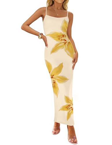 ZESICA Women’s Summer Bodycon Maxi Dresses 2025 Floral Spaghetti Strap Square Neck Sleeveless Boho Beach Long Dresses,Apricot,Small | Amazon (US)