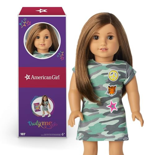 American Girl Truly Me 18-inch Doll #107 with Brown Eyes, Brown Hair, Light-to-Medium Skin, Camo T-shirt Dress, For Ages 6+ | Amazon (US)