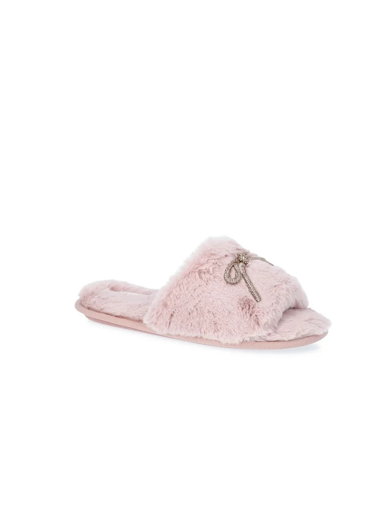Joyspun Women's Slide Slippers with Rhinestone Bow | Walmart (US)