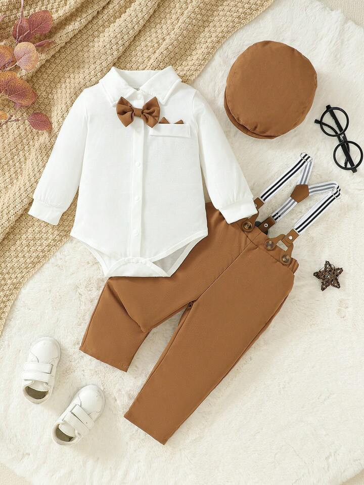 SHEIN Baby Boy Bow Front Bodysuit & Suspender Pants & Hat | SHEIN