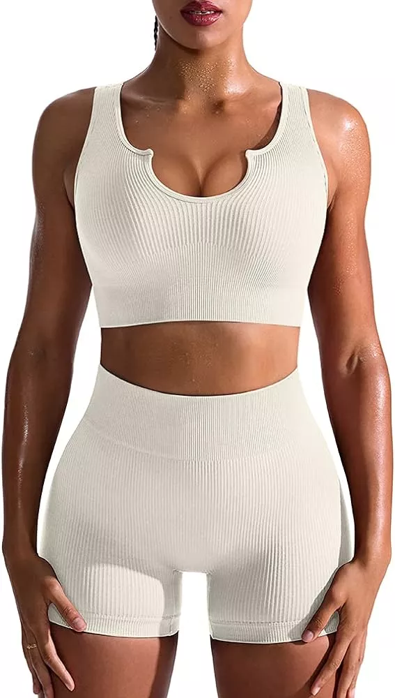 OQQ Workout Outfits for Women 2 Piece Ribbed One Shoulder High Waist Shorts  With Sports Bra Exercise Set