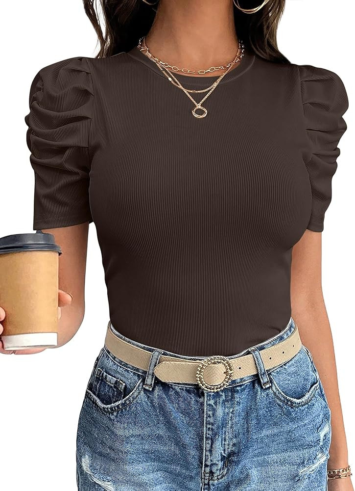 ANRABESS Women Puff Short Sleeve Crewneck Dressy Casual Tops Summer Fitted Ribbed Knit Trendy Wor... | Amazon (US)