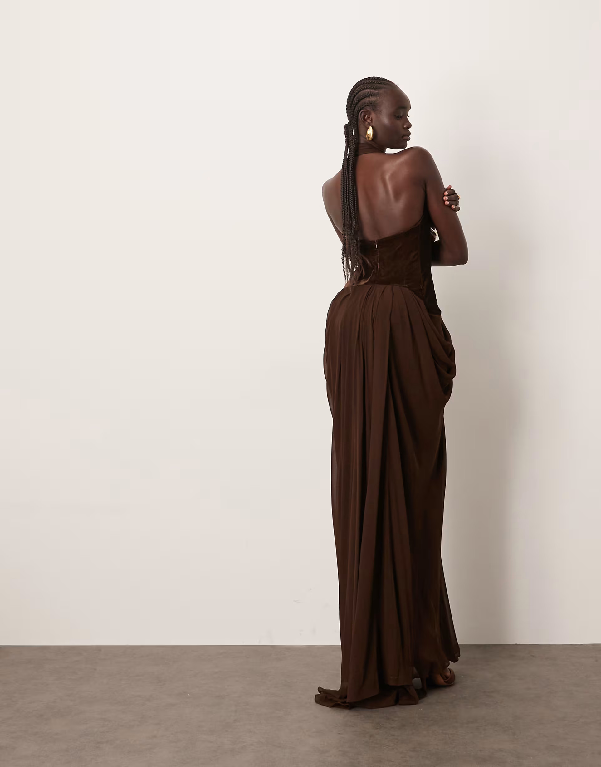 ARRANGE velvet plunge halter cinch waist maxi dress with train in chocolate | ASOS (Global)