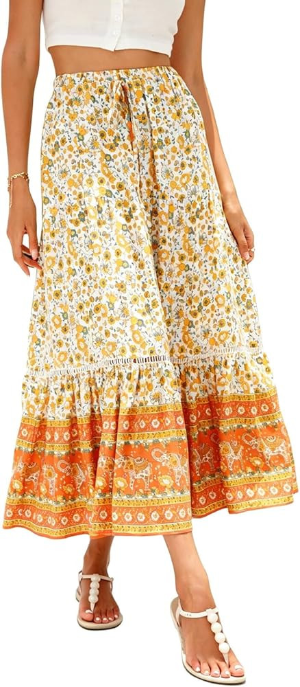 Blostirno Women's Boho Floral Print Maxi Skirt Elastic High Waist Tiered Ruffle Hem Flowy A Line ... | Amazon (US)