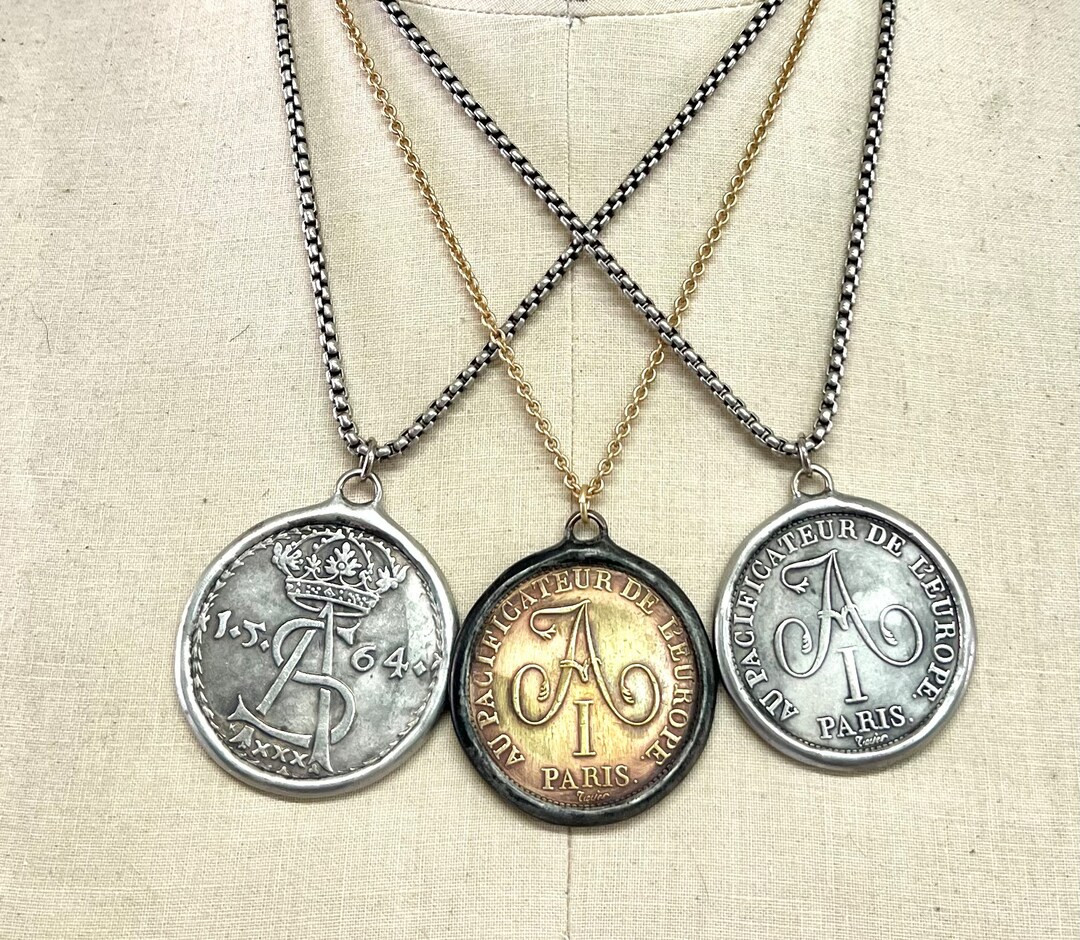 Vintage handmade French Coin Necklace, Silver Tone, Gold Tone, Fleur de Lis, French Jewelry | Etsy (US)