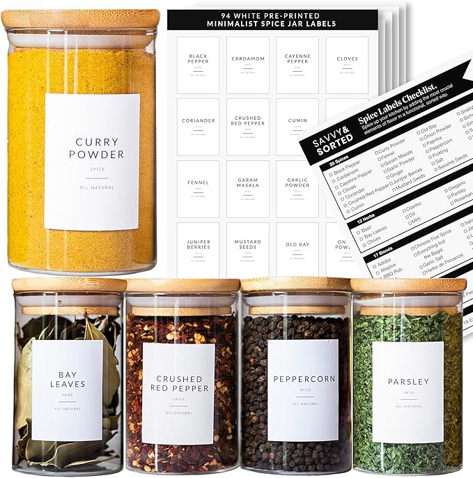 Spice Jar Labels Preprinted - Minimalist Black Text White Label - Fit Round or Rectangle Spice Ja... | Amazon (US)