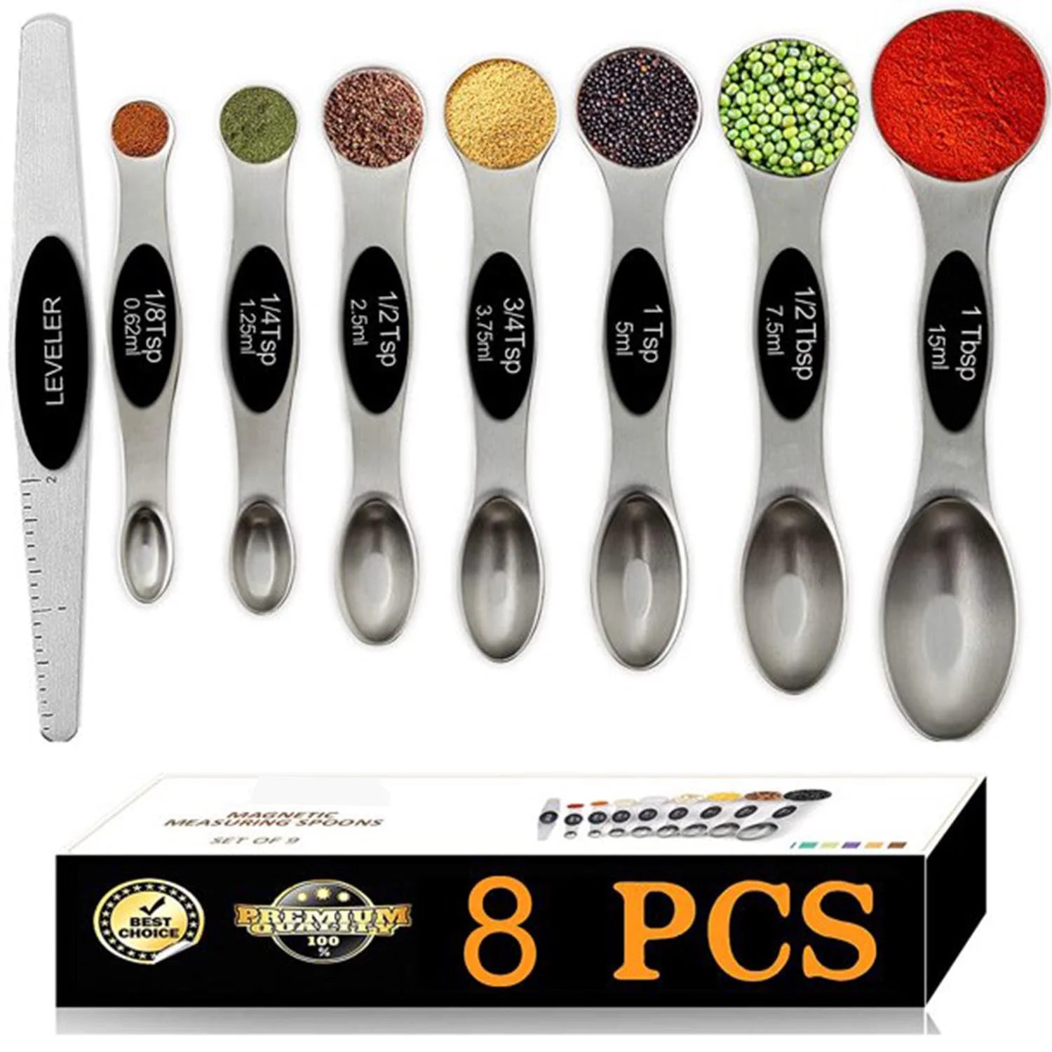 Magnetic Measuring Spoons Set, Dual Sided, Stainless Steel, Fits in Spice Jars (8Pcs-Black) | Walmart (US)