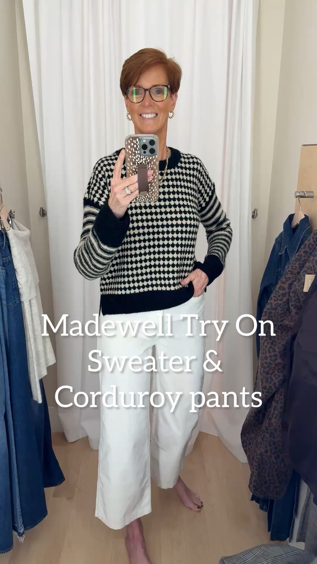 Madewell in store try on
This was a great black and white outfit. Paired this checked and striped sweater with white wide leg corduroy pants.
Wearing my small size small in the sweater and a 30 in the pants. They were too big. I would size down.

#LTKStyleTip #LTKOver40 #LTKxMadewell
