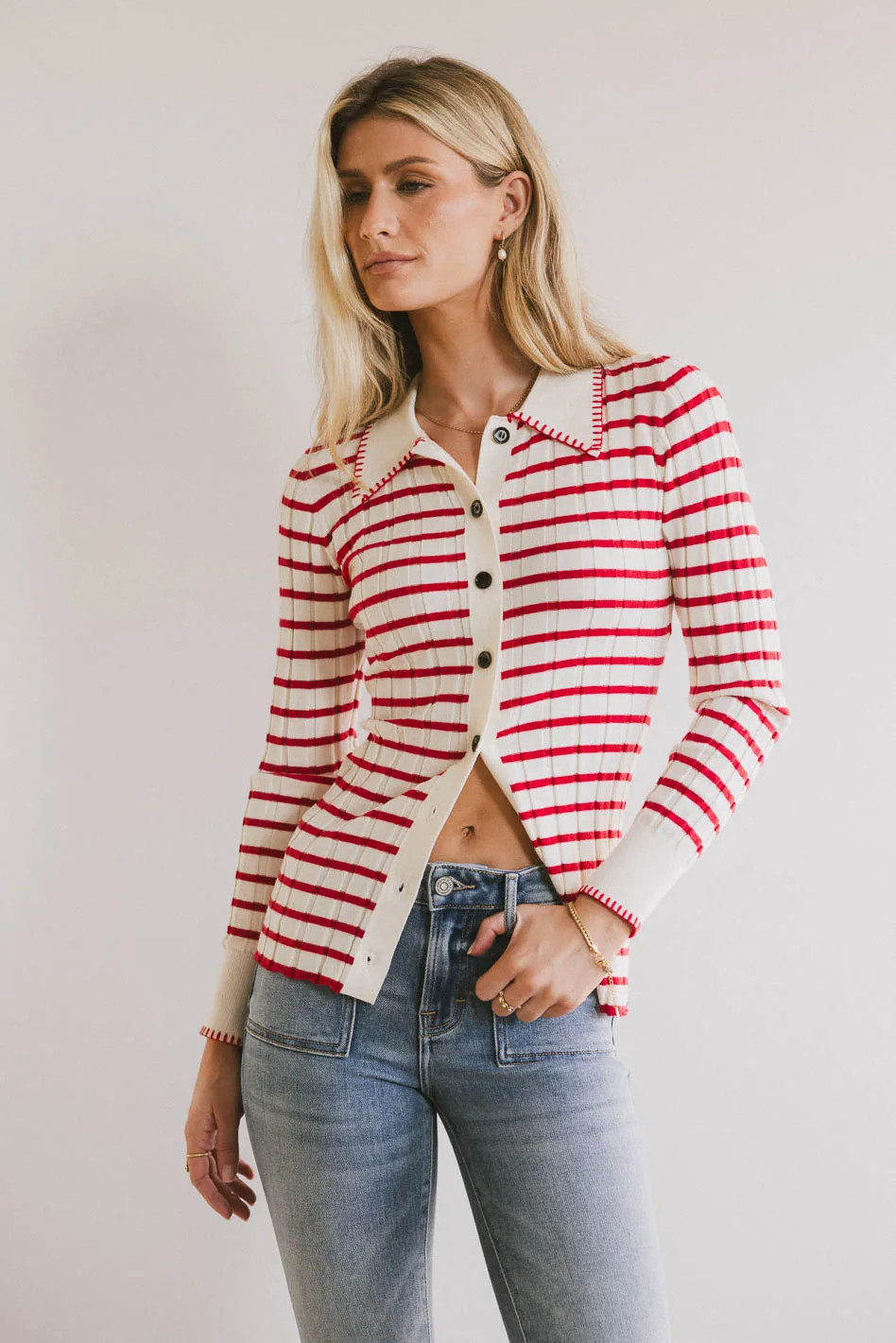 Harrison Striped Collared Top in Red | Böhme US