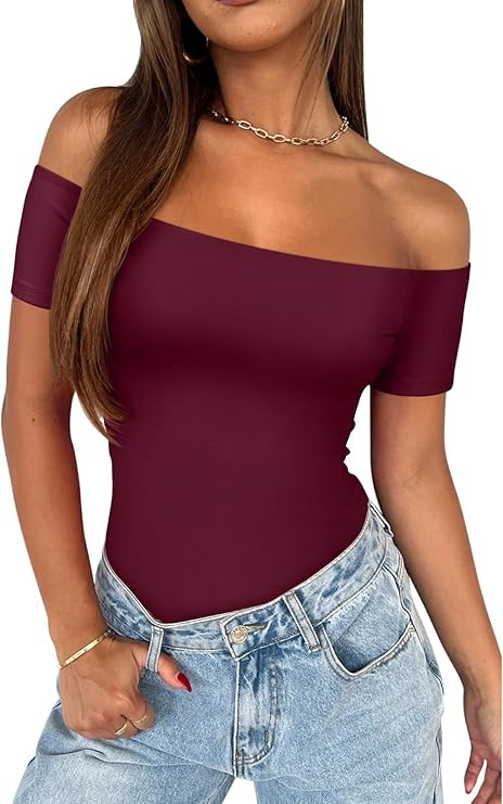 REORIA Women Sexy Off The Shoulder Short Sleeve Backless Basic Double Lined Thong Bodysuit Tops | Amazon (US)