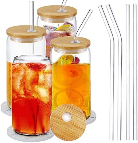 20oz Beer Can Glass with Lids and Straw, Coaster, 4 pack Clear Can Shaped Glass Cups, Reusable So... | Amazon (US)