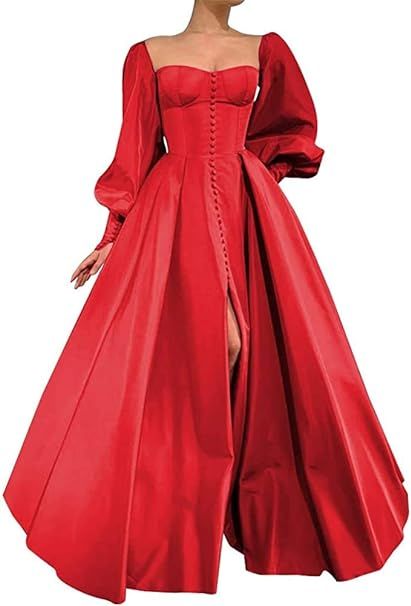 Xjizu Long Puffy Sleeve Prom Dresses Princess Ball Gown for Women Satin Formal Party Wedding Even... | Amazon (US)