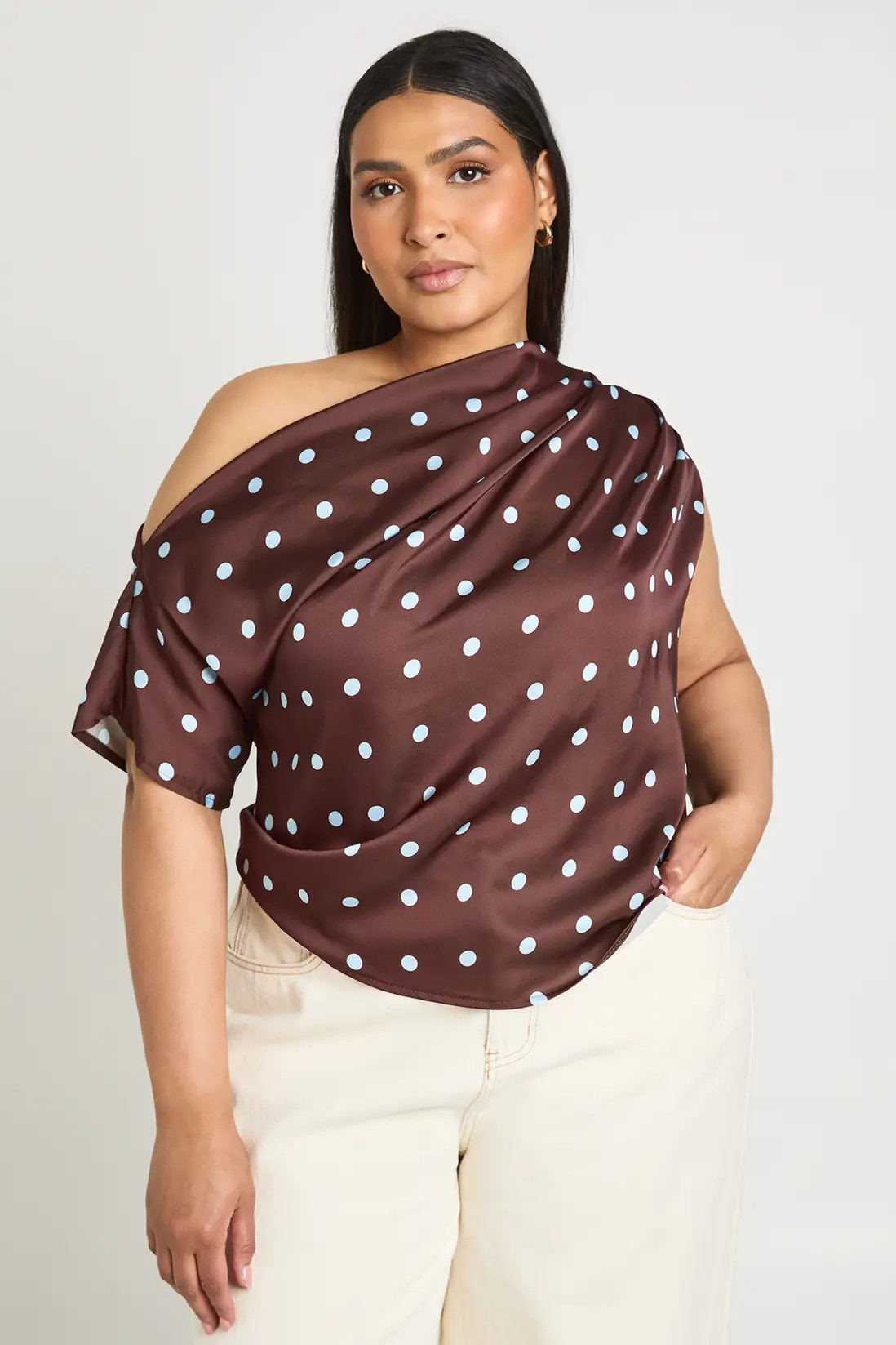 Chocolate boohoo Plus Satin Polka Dot Off The Shoulder Ruched Top | PrettyLittleThing USA | PrettyLittleThing US