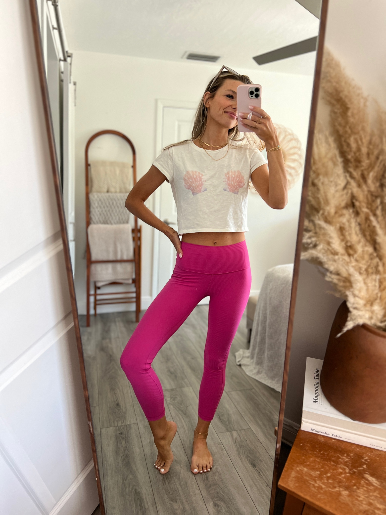 Summertime mermaid vibes! Love this seashell cropped T-shirt that’s ON SALE!!  paired with ribbed leggings. Comfortable and cute AF. 
Sized up to M in shirt, size 4 leggings, TTS. 

#LTKsalealert #LTKfit #LTKunder50