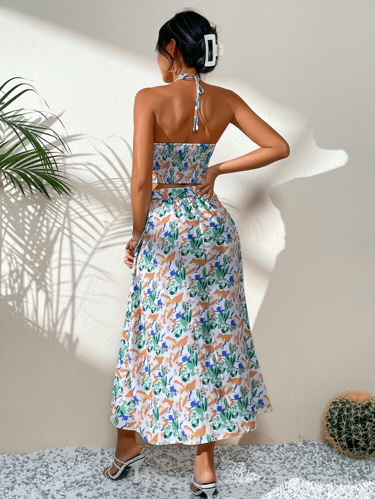 Ditsy Floral Ruched Bust Halter Top & Skirt | SHEIN