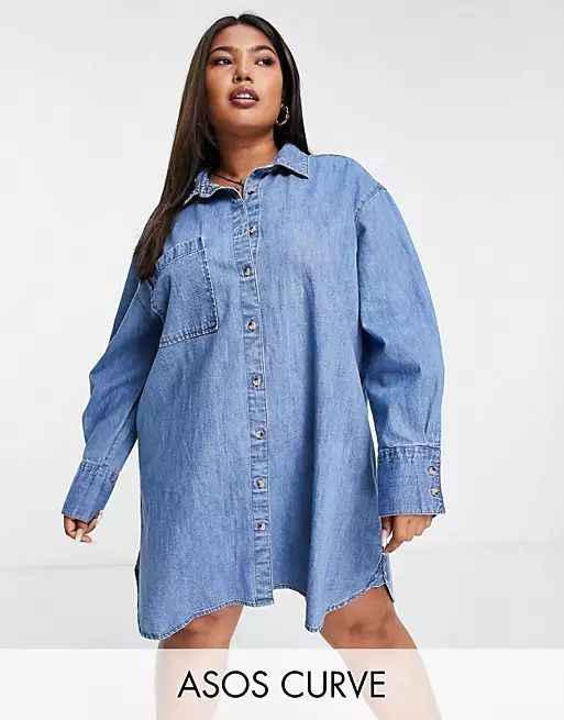 ASOS DESIGN Curve denim oversized shirt dress in midwash | ASOS (Global)