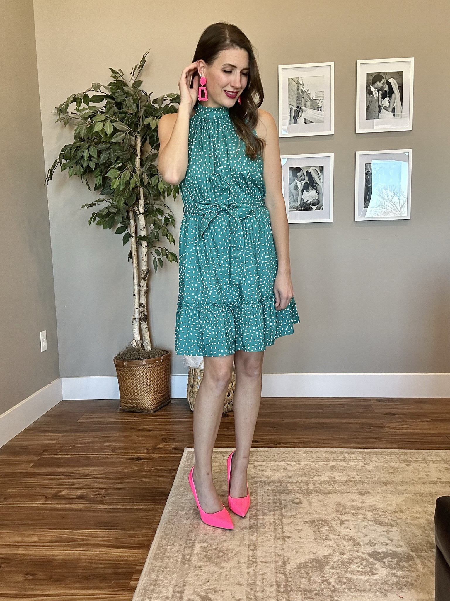 Green polka dot dress with tie waist + pink accents (shoes and earrings) 

Valentines outfit, date night outfit, wedding guest dress, spring outfit, summer dress

#LTKfindsunder50 #LTKwedding #LTKSeasonal