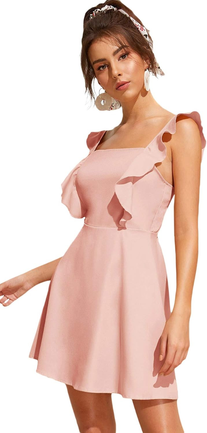 Romwe Women's Cute Tie Back Ruffle Strap A Line Fit and Flare Flowy Short Dress | Amazon (US)