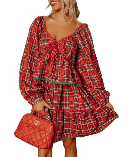 Apvirdy Women's Red Plaid Dress Long Puff Sleeve V Neck Dress Loose Fit Ricrac Trim High Waist Tiered Mini Dresses | Amazon (US)