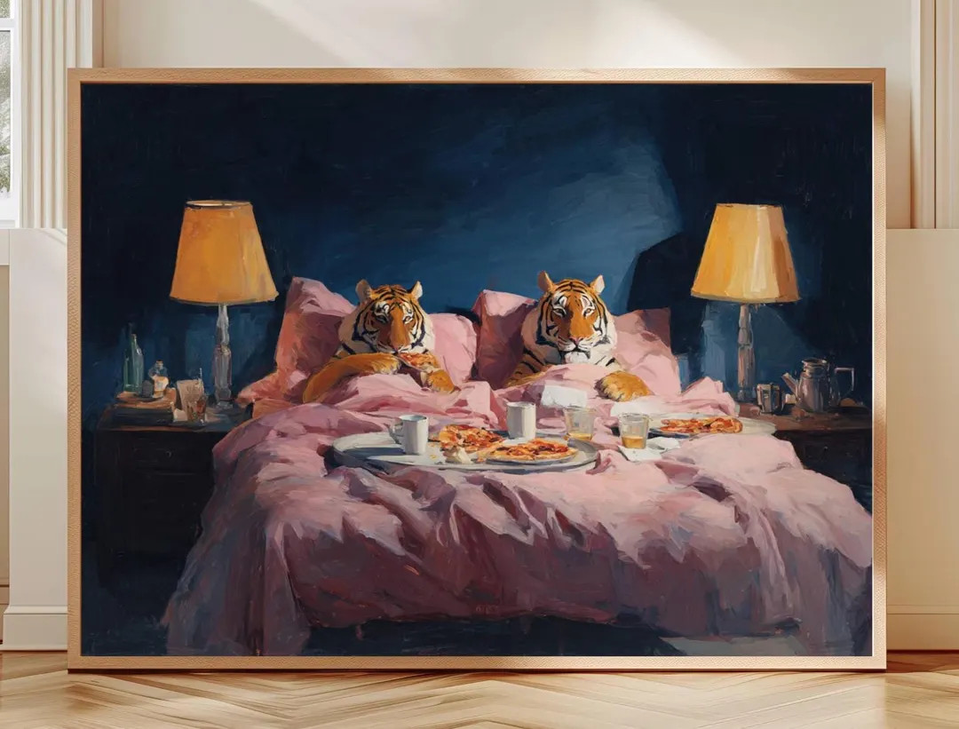 Two Tigers Eating Pizza in Bed Whimsical Oil Painting Print Bold Pop Art Animal Decor Cozy Bedroo... | Etsy (US)