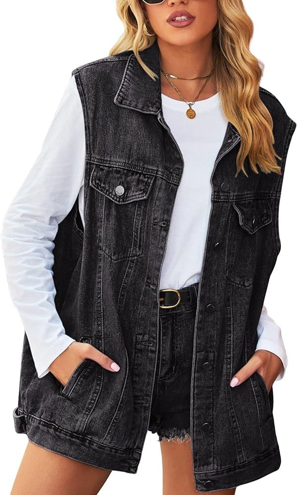 FindThy Women’s Vintage Denim Jean Vest Oversized Button Down Jean Waistcoat Gilet | Amazon (US)