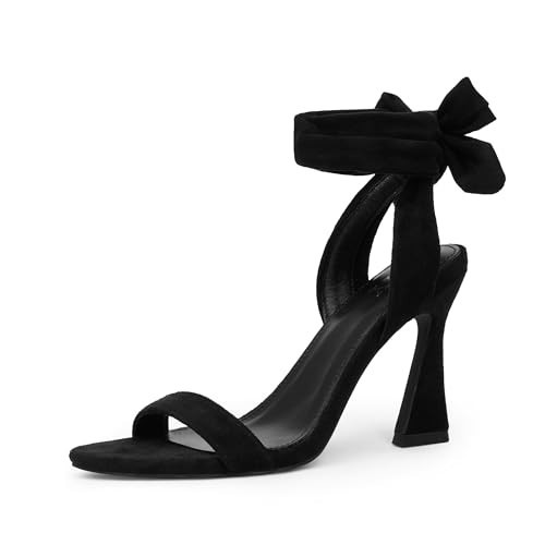 QIY Strappy Heels for Women Sandals Black Lace up Heels Round Open Toe Stiletto High Heels 3 In Heeled Sandals Women Black Tie up Heels Suede Dress Shoes Black Sandals Size 9 | Amazon (US)
